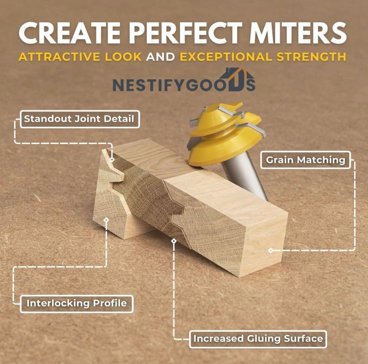 NestifyGoods™ TimberLock® 45° Lock Miter Router Bit