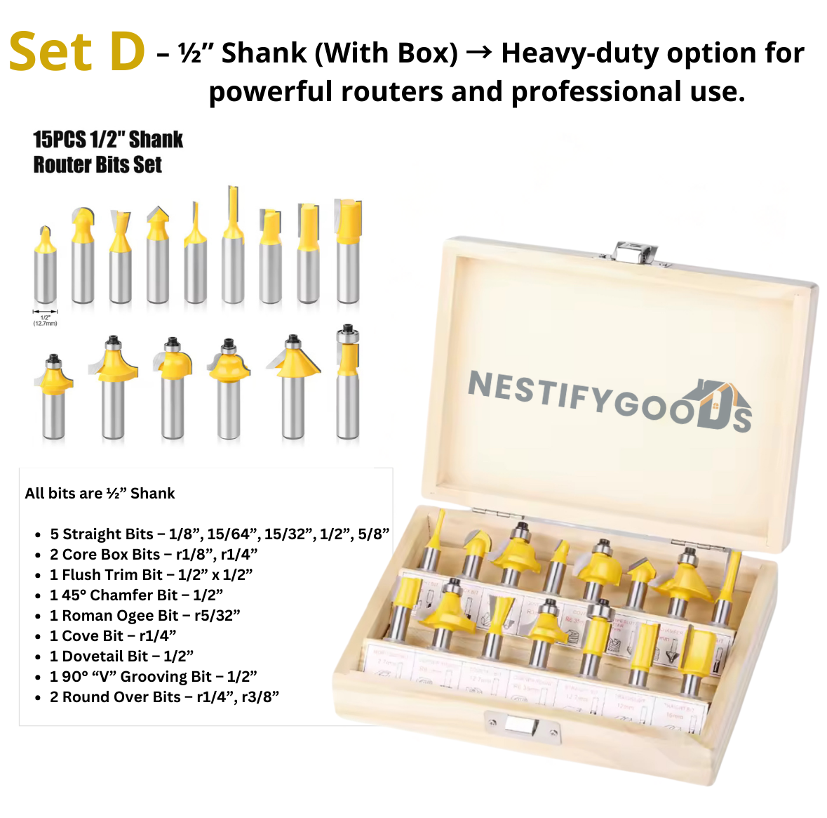 NestifyGoods™ 15 Piece Router Bit Set
