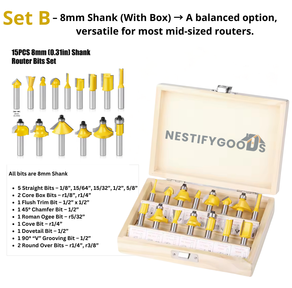 NestifyGoods™ 15 Piece Router Bit Set