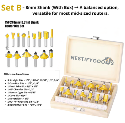 NestifyGoods™ 15 Piece Router Bit Set