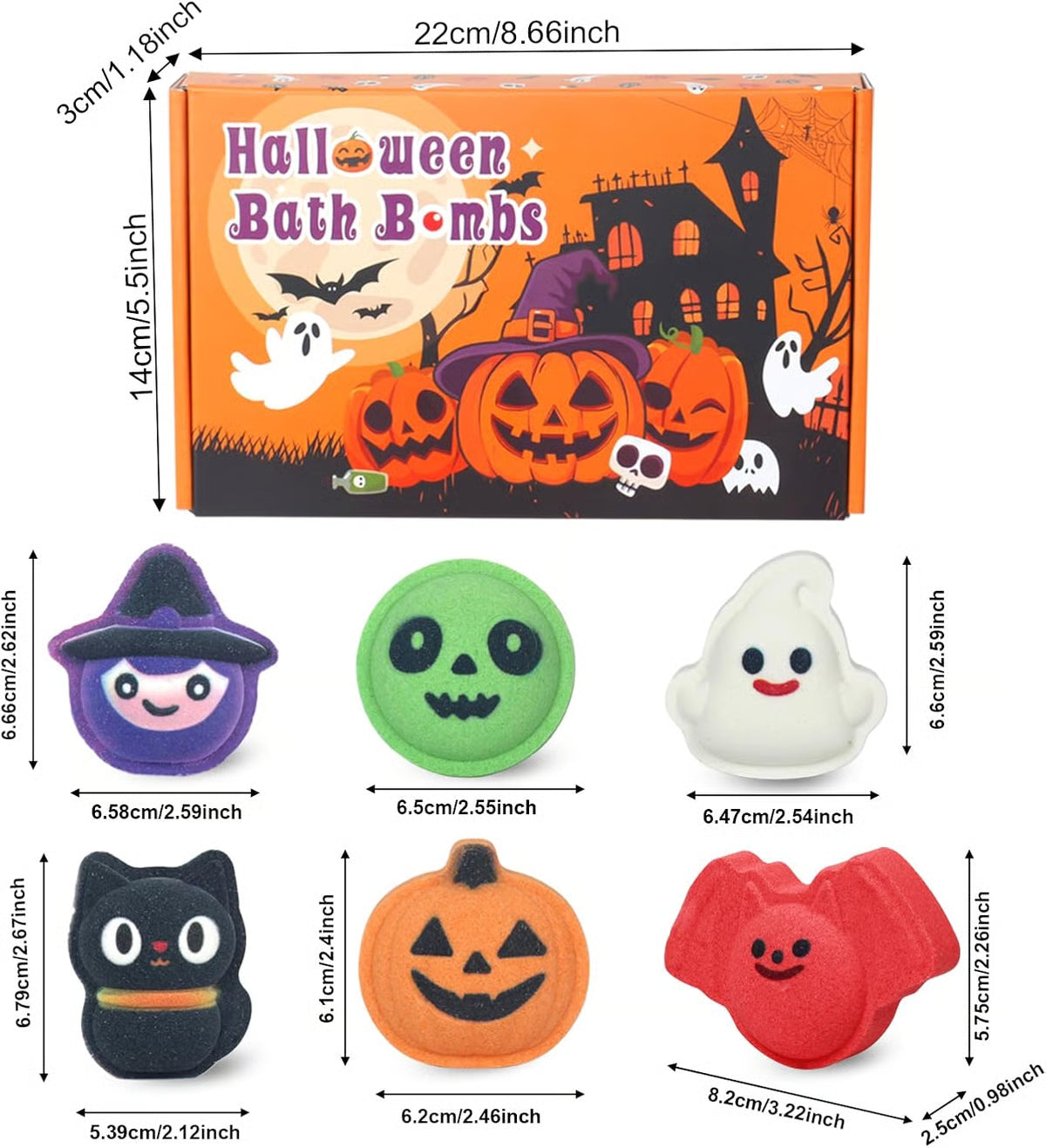 🎃Halloween Bath Bomb Gift Set - 6-Piece Scary Cute Kids Bath Bomb Gift Box, Includes Witch, Bat, Black Cat, Skull, Ghost and Pumpkin Bubble Spa Balls🎃