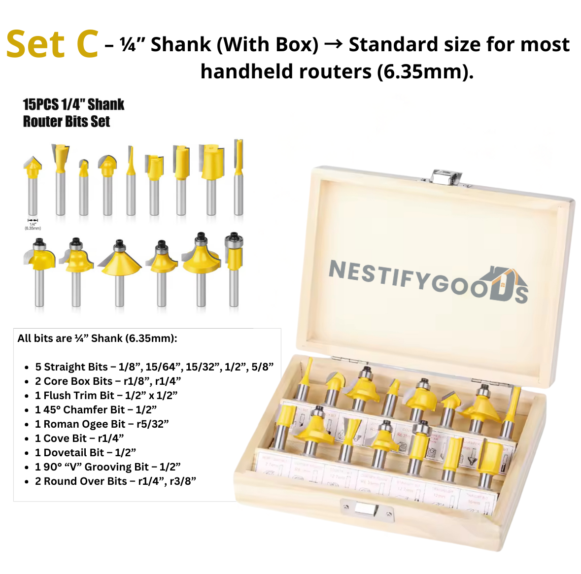 NestifyGoods™ 15 Piece Router Bit Set