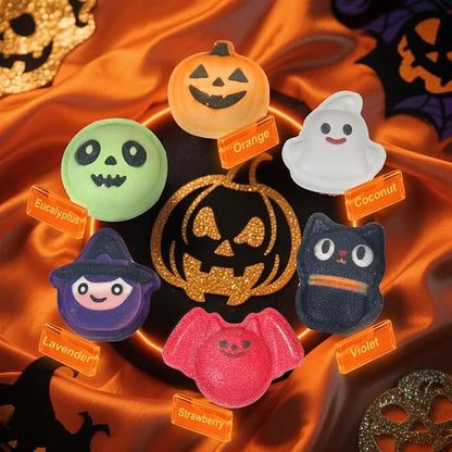 🎃Halloween Bath Bomb Gift Set - 6-Piece Scary Cute Kids Bath Bomb Gift Box, Includes Witch, Bat, Black Cat, Skull, Ghost and Pumpkin Bubble Spa Balls🎃