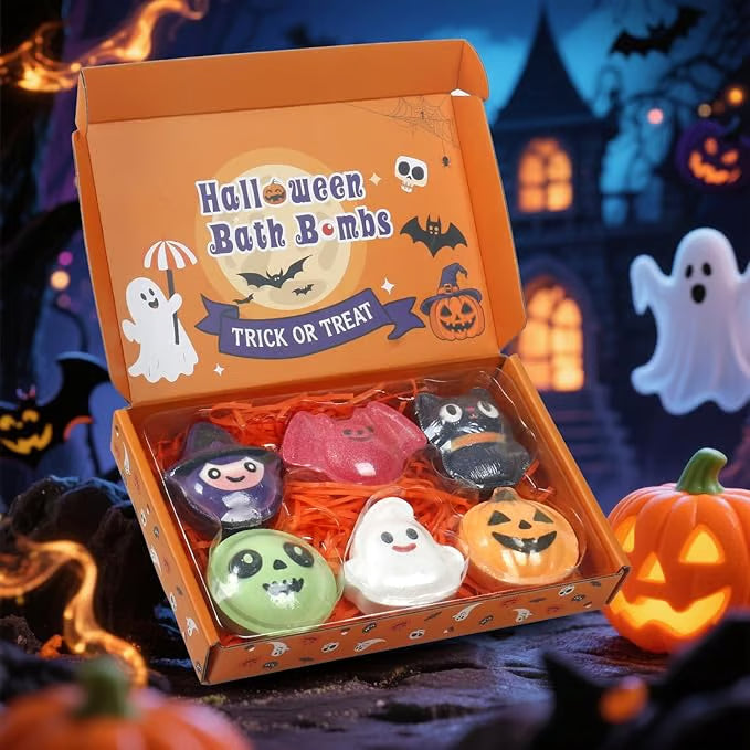 🎃Halloween Bath Bomb Gift Set - 6-Piece Scary Cute Kids Bath Bomb Gift Box, Includes Witch, Bat, Black Cat, Skull, Ghost and Pumpkin Bubble Spa Balls🎃