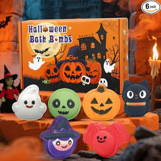 🎃Halloween Bath Bomb Gift Set - 6-Piece Scary Cute Kids Bath Bomb Gift Box, Includes Witch, Bat, Black Cat, Skull, Ghost and Pumpkin Bubble Spa Balls🎃